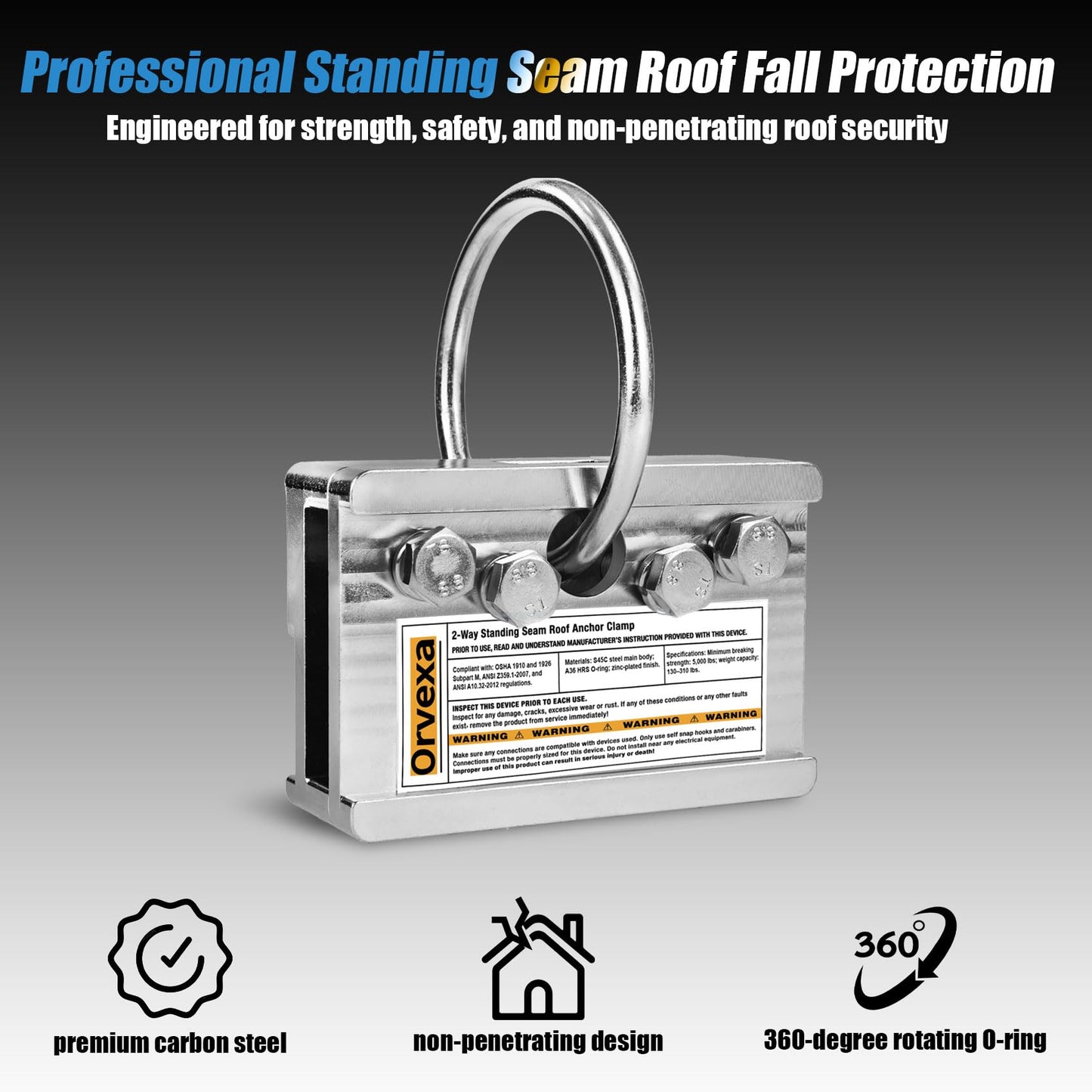 ORVEXA Standing Seam Roof Clamp Anchor, 2-Way Reversible Non-Penetrating No-Drill Metal Roof Anchor with O-Ring for Vertical Seams and Fixed Ladders, 5,000 lb Rated Fall Protection Anchorage Connector