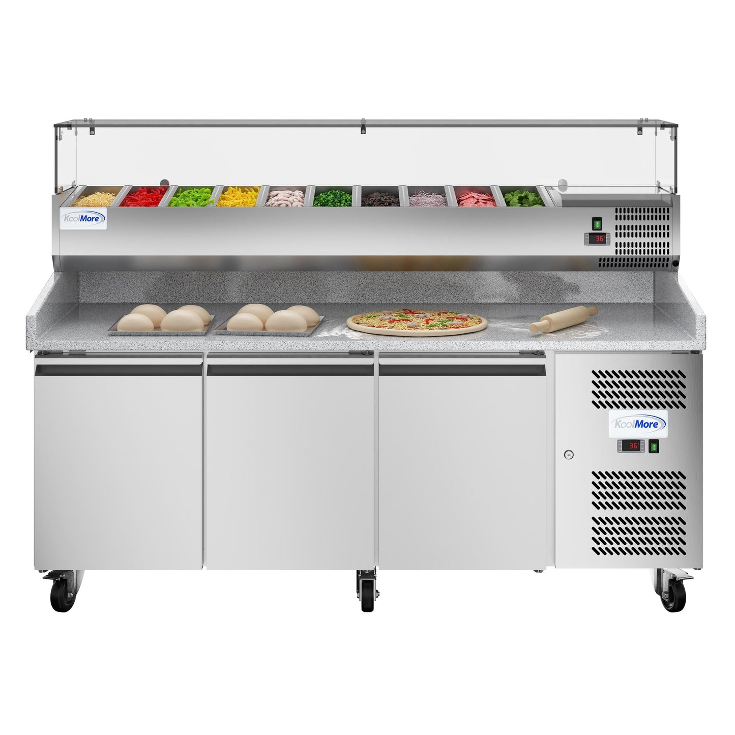 KoolMore 79 in. Three-Door Commercial Granite Top Pizza Prep Refrigerator with Refrigerated Condiment Pan Holder in Stainless-Steel (KM-RPCPS-2D79-GRT)