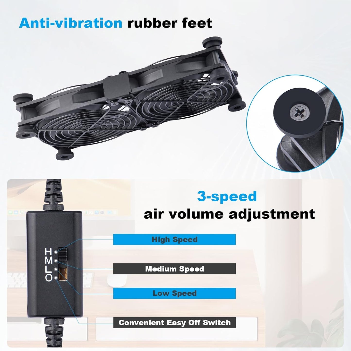 120mm 3-Degree 5V Quiet Dual Router Fan Cooler with L/M/H Speed Controller, DC USB Powered Cooling Case Fan for Router