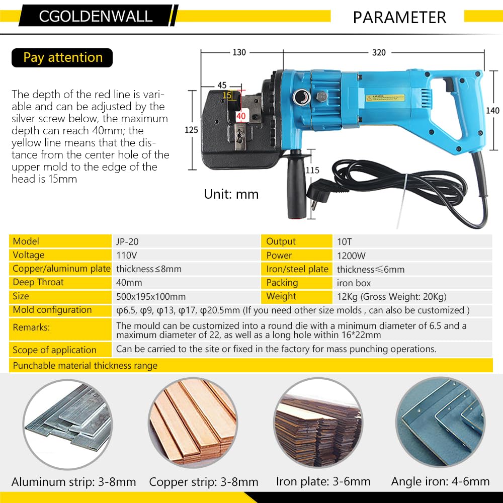 CGOLDENWALL 1200W Hydraulic Hole Punch Electric Hydraulic Hole Punching Tool Hole Digger for Steel Plate Iron Plate Aluminum Plate CE&ROHS Certificate 110V