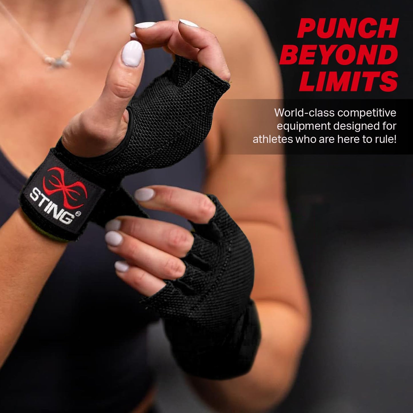 STING Elasticized Quick Wraps, Comfortable Padded Gloves with Secure Support, Ideal for Boxing, MMA, Muay Thai, and Martial Arts, Hand Wraps for Men and Women, Black, Medium