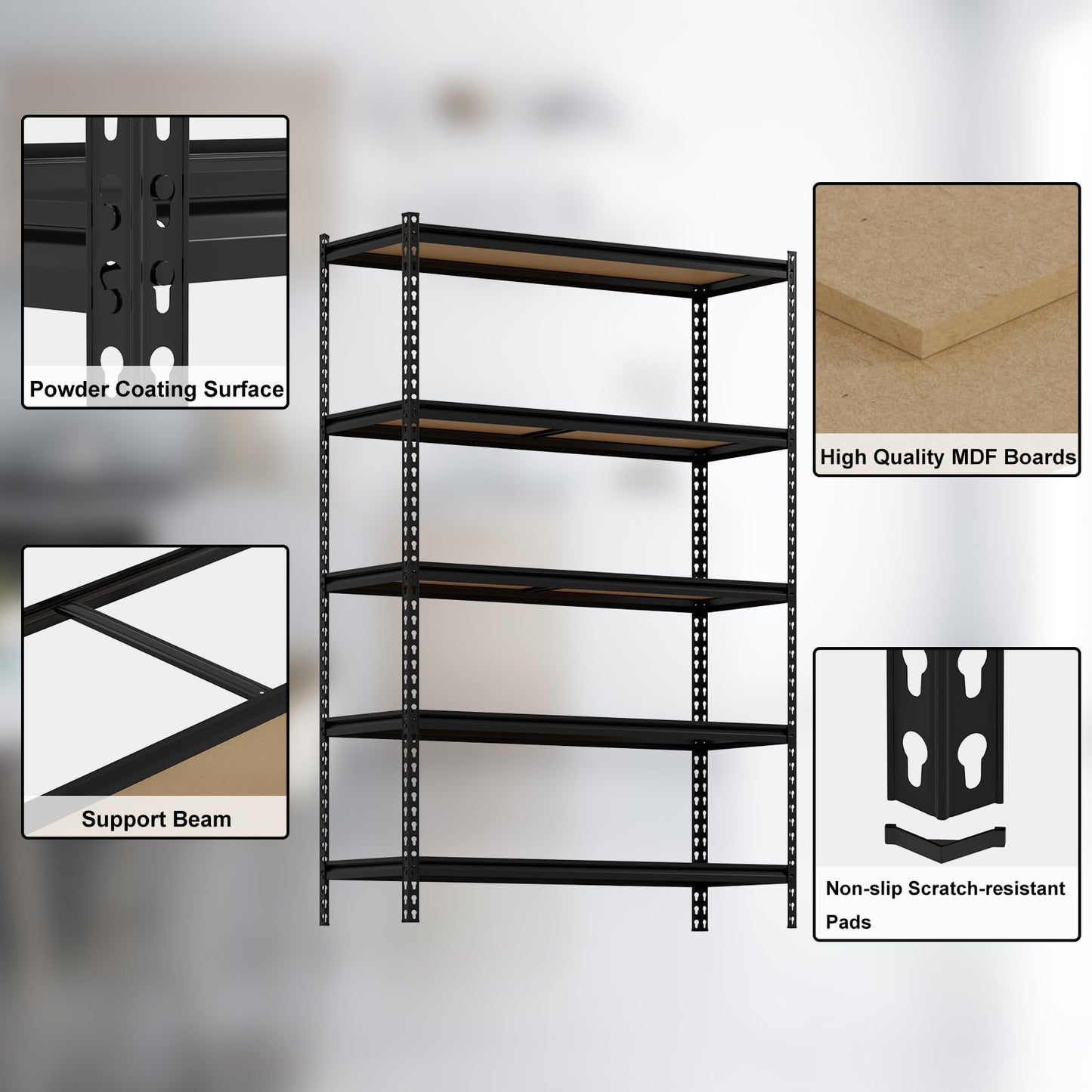 GarveeTech 5 Tier Garage Storage Shelves, Heavy Duty Utility Shelves Metal Shelving Unit, 48"L x 18"W x 73"H Adjustable Storage Shelves Utility Rack for Garage Kitchen Basement Pantry Laundry, Black
