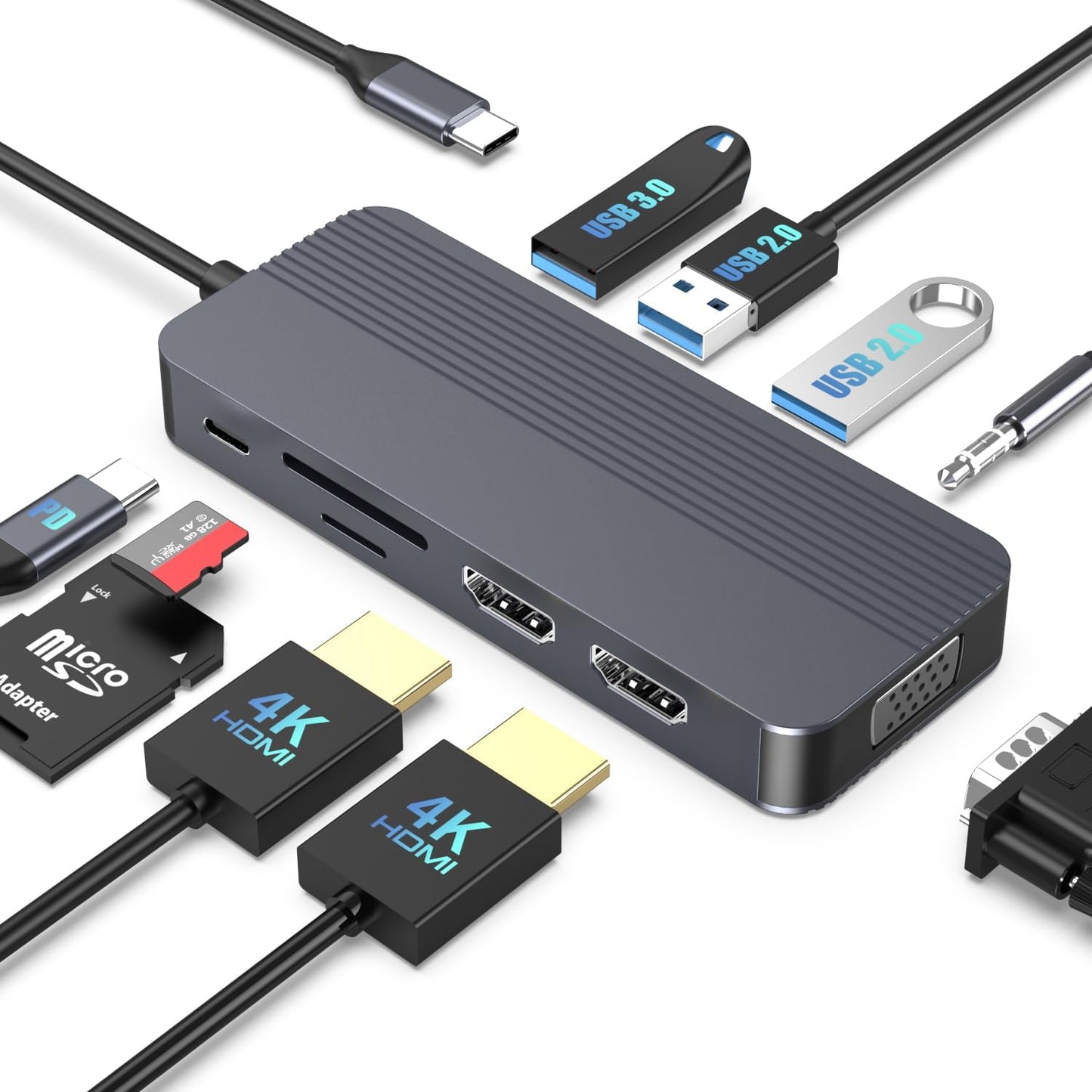 YUANSHAN 10-in-1 4K 100W 1 3.0, 2 2.0, 3.5mm Docking Station Dual Monitor, USB C Hub with Dual HDMI, VGA, PD, x USB x