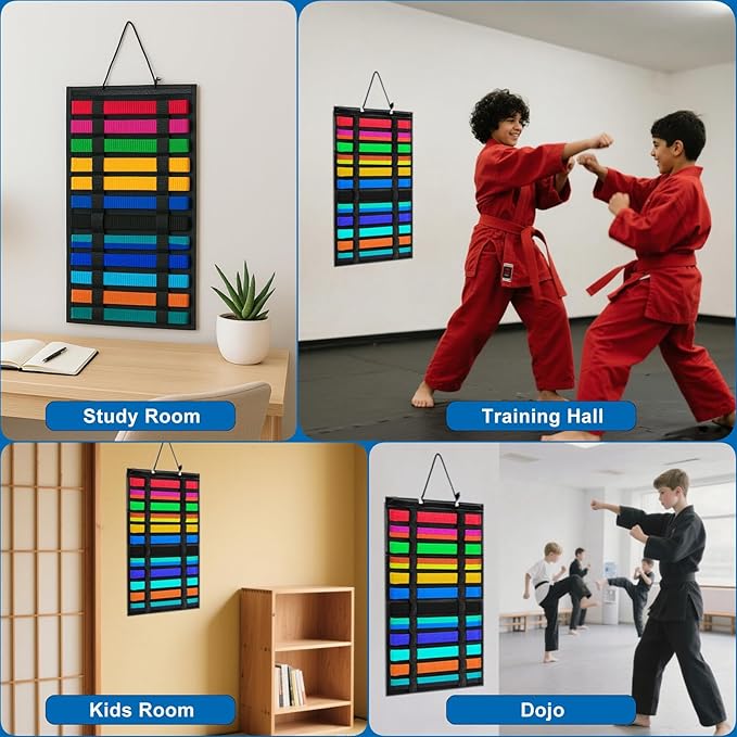 Karate Belt Display Rack 12 Belts Holder, High-Density Felt Fabric Taekwondo Belt Display with Reinforced Elastic LoopsTaekwondo, Martial Arts Belt Display Wall Mount Felt Foldable