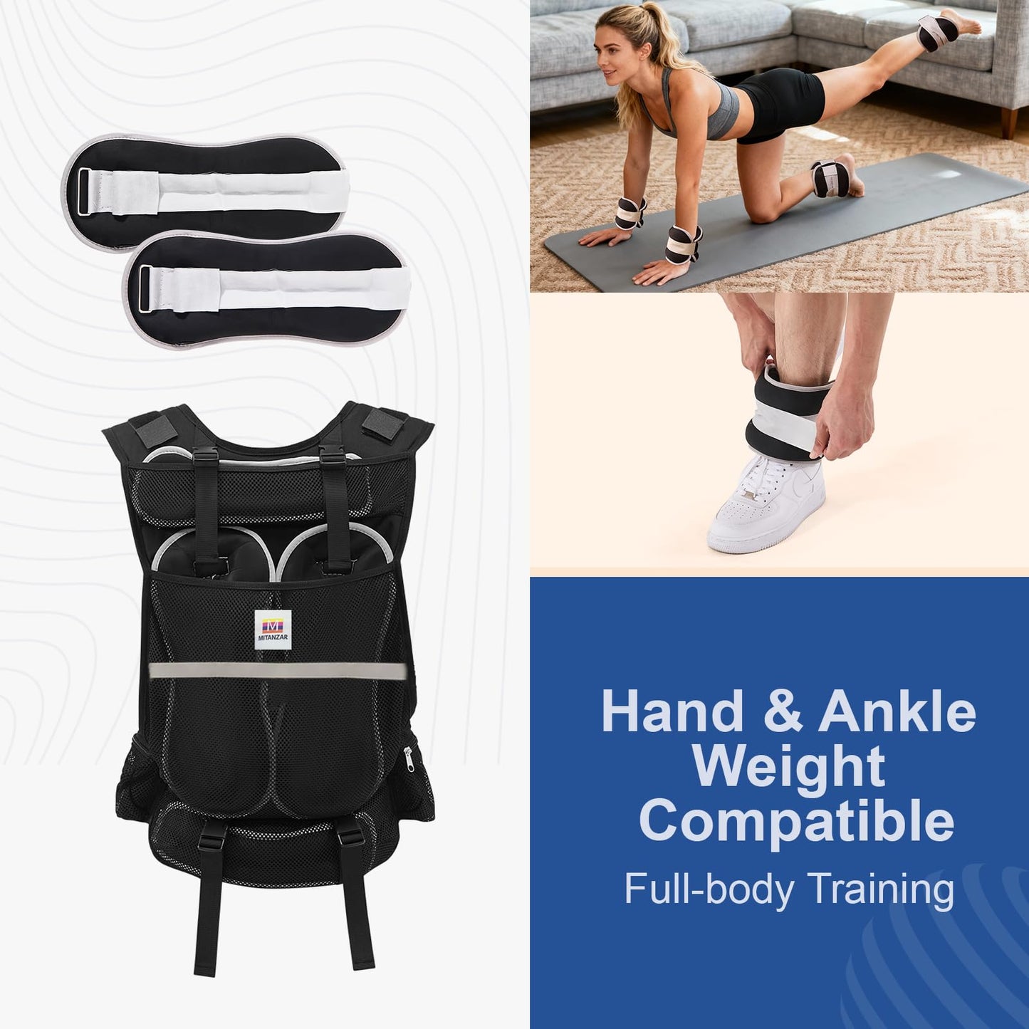 MITANZAR Adjustable Weighted Vest, 4.4-13.2 Pound Vest with 4 Iron Sand Training Pouches, Features Large Pockets, Men's Weighted Vest for Women's Strength Training, Running, Walking
