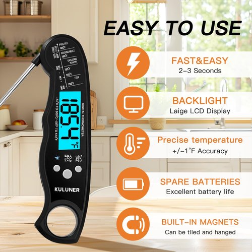 KULUNER TP-01 Waterproof Digital Meat Thermometer - Instant Read with 4.6" Folding Probe & Backlight (Black)