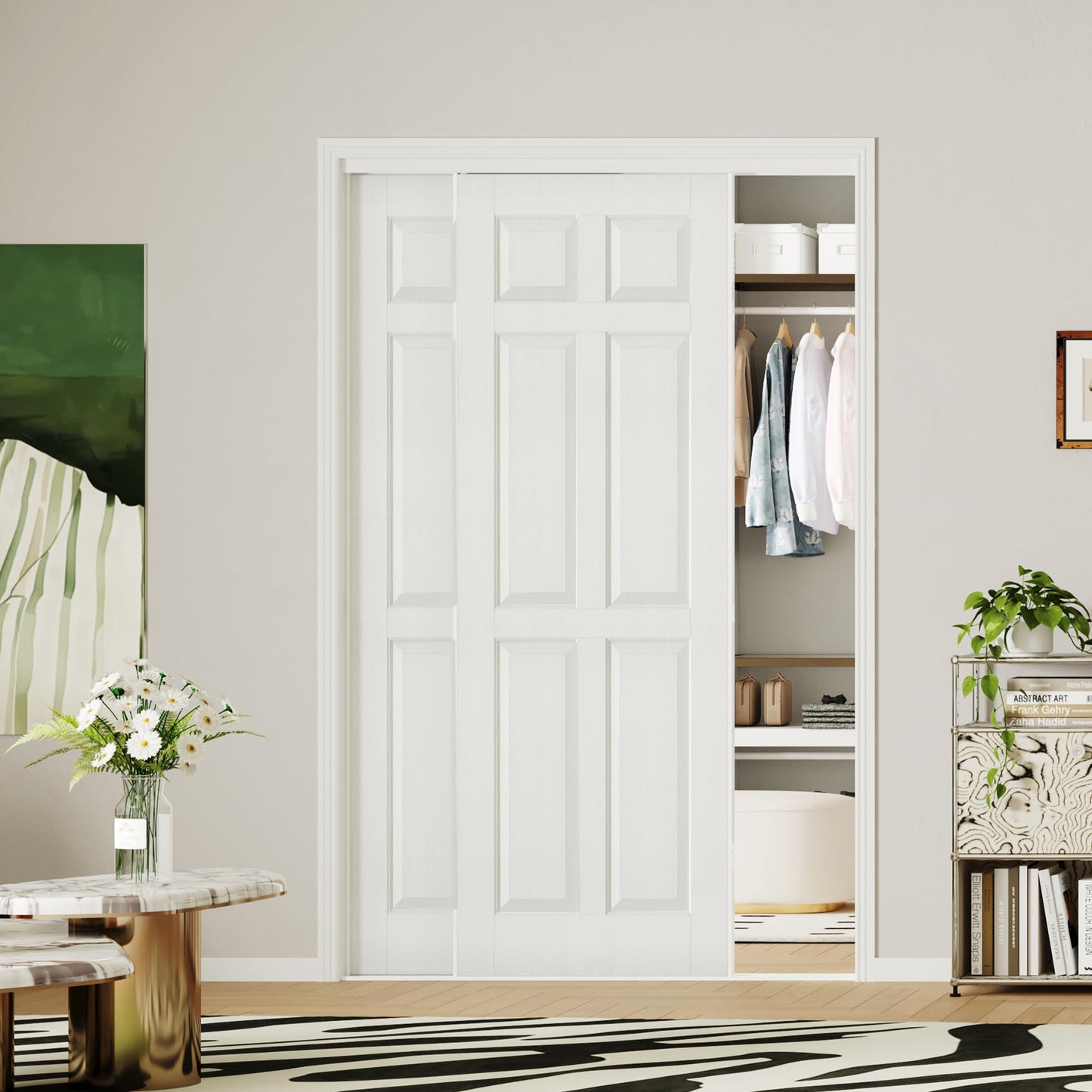 ARKHJEM Sliding Closet Door 60"(Double 31") x80, Raised Textured 6-Panel Hollow Core Bypass Closet Doors, Preassembled White Primed Paintable Door Panels with Top & Bottom Track Hardware Kit