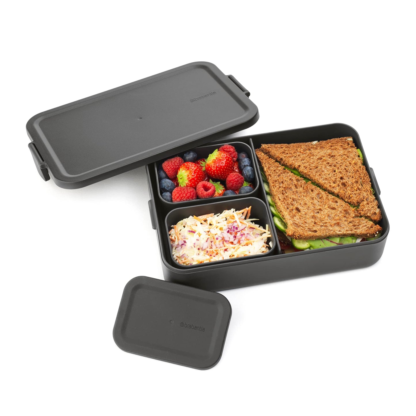 Brabantia Make & Take Bento Lunch Box (Dark Gray) 2 Compartments & Lidded Pot, Lift-Out Tray Divider, BPA-Free, Airtight Snap Locks, Microwave & Freezer Safe, Travel Meal Prep Container