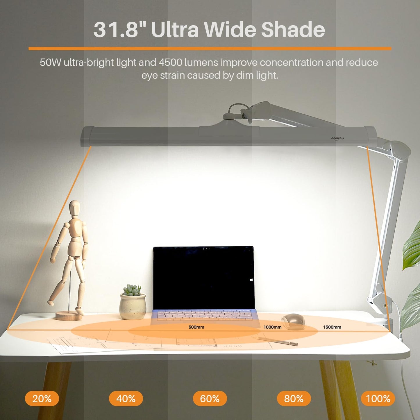 bemelux LED Architect Desk Lamp with Clamp, Metal Swing Arm 4500 Lumens Dimming Office Table Lamp for Task Work Drafting Reading Desktop, 342PCS Bright LEDs, 50W Workbench Lamp(White)