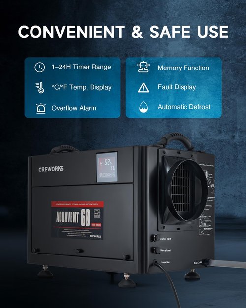 CREWORKS 130 PPD Commercial Dehumidifier - Efficient Crawl Space & Basement Moisture Control with Auto Defrost