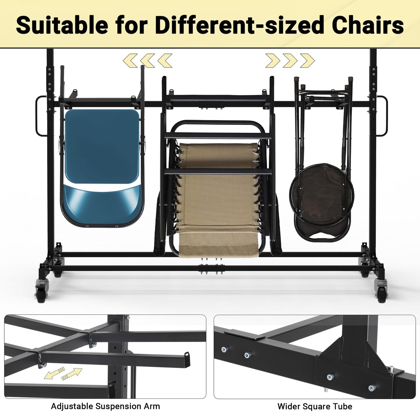 Eastrexon Updated Folding Chair Rack, Heavy-Duty Folding Chair Cart w/ 4 Swivel Wheels, Holds 12 Tables or 84 Chairs, Up to 1000 LBS Capacity, 2 Binding Ropes, 1 Dust Cover, 72“L x 33”W x 74”H, Black