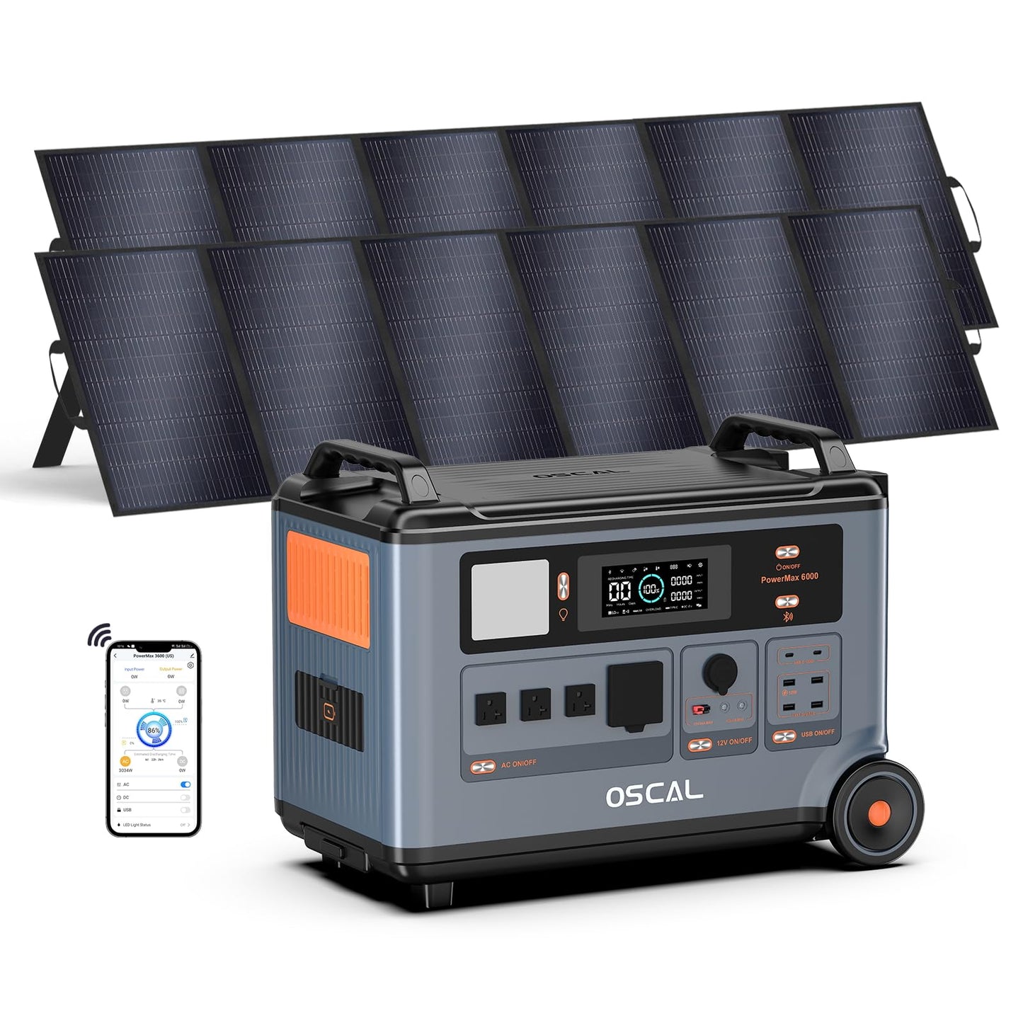 OSCAL PowerMax 6000 Portable Power Station with 2x500W Solar Panel, 3600Wh 120/240V Solar Generator, Max 6000W AC Outlets (9000W Peak), LiFePO4 Battery Power Station for Home, Camping, RV, Emergency