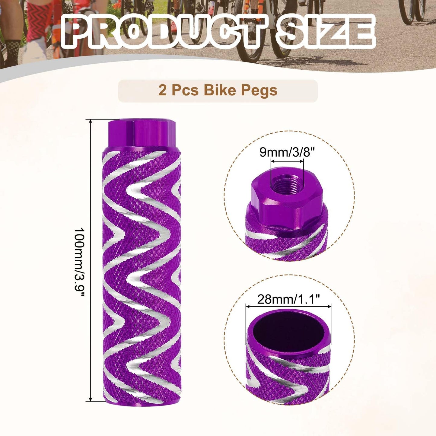 PATIKIL Bike Pegs Fit 3/8 Inch Axles, 2 Pack Aluminum Alloy Anti-Skid Lead Foot Small Bicycle Peg Back Seat Stands with Stripe for BMX Mountain Dirt Bike Cycling Rear, Purple