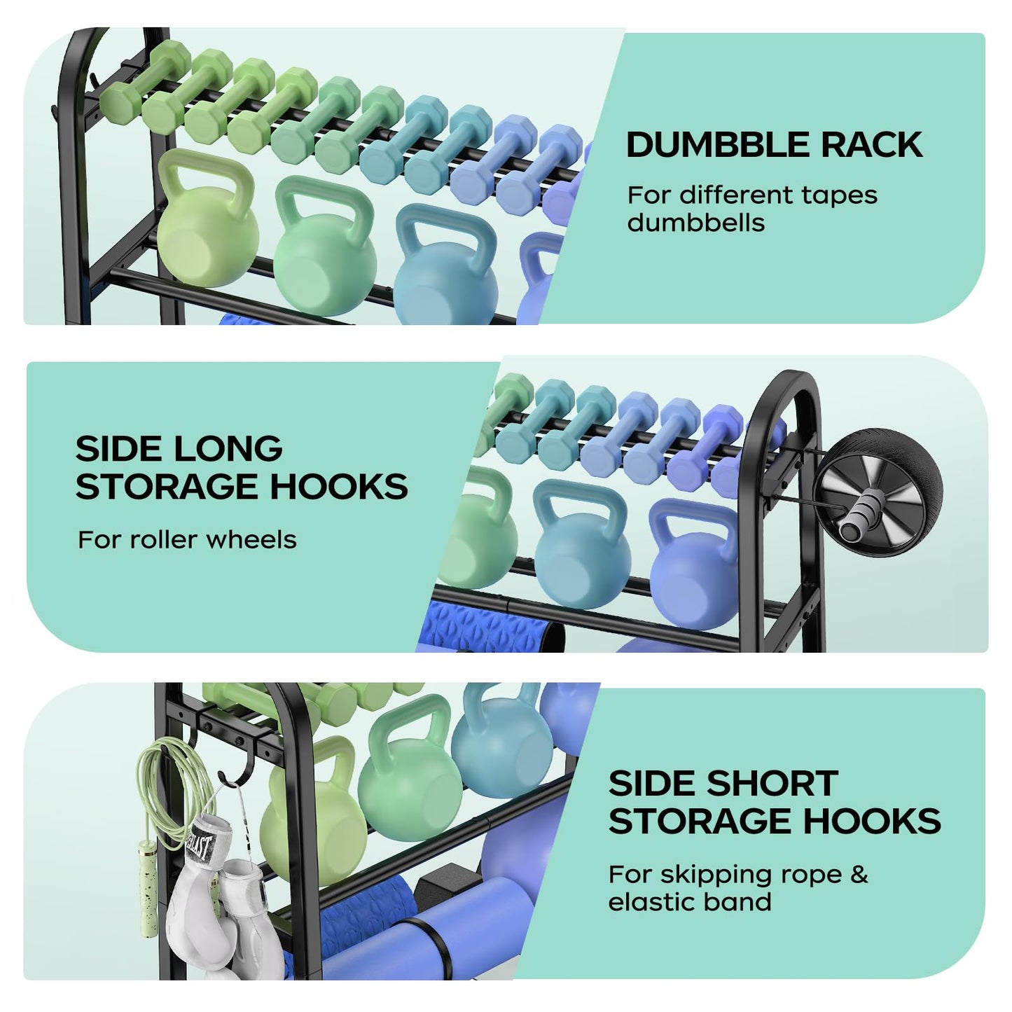 YaDonpe 3 Tier Dumbble Rack - 360LB Capacity Adjustable Dumbbell Storage Rack Space-Saving Home Gym Weight Rack For Dumbbells And Kettlebells With Hooks (Dumbbell Rack Stand Only)（Matte Black （29.96''Length））