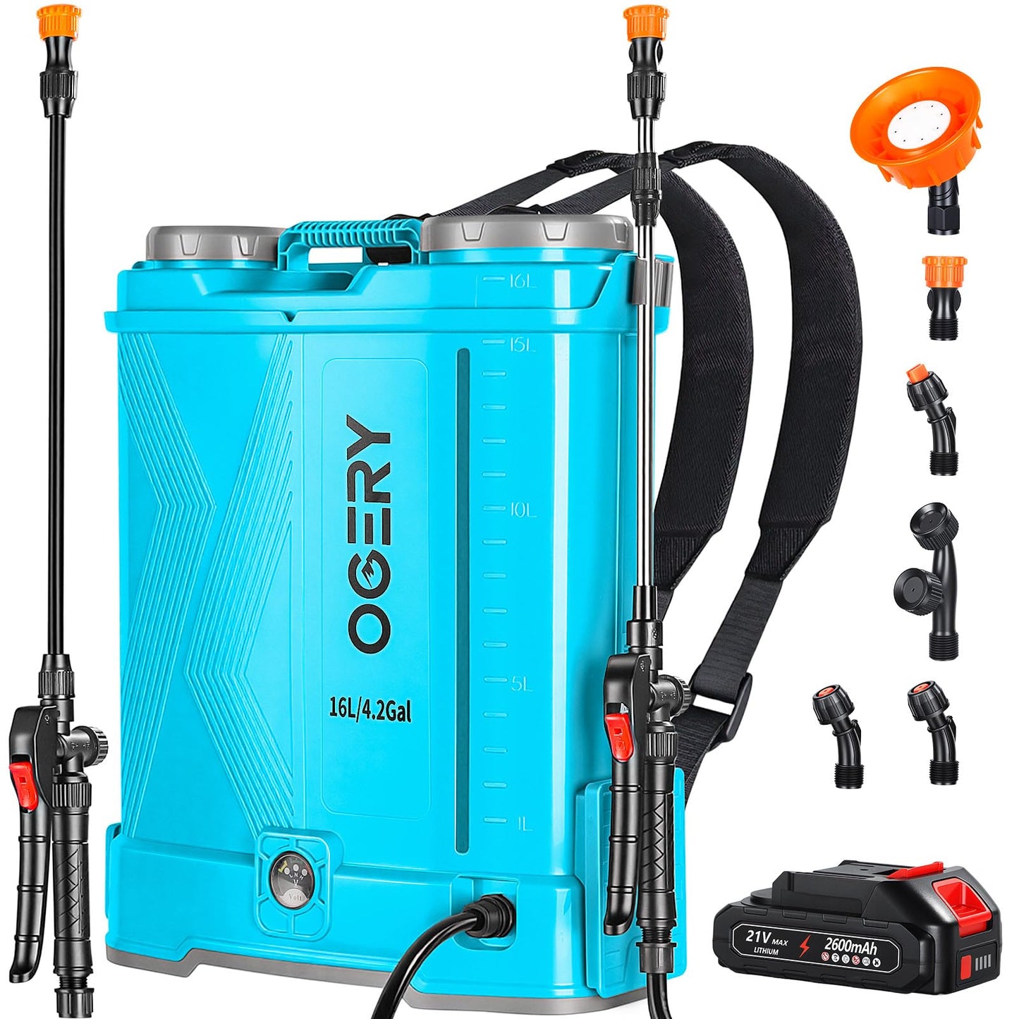 OGERY Battery Powered Backpack Sprayer 4 Gallon, 2.6Ah 21V Battery Electric Pump Sprayer with 6 Nozzles, Telescopic Stainless Steel + Plastic Wand for Lawn Garden Weed Yard Cleaning (Charger Included)