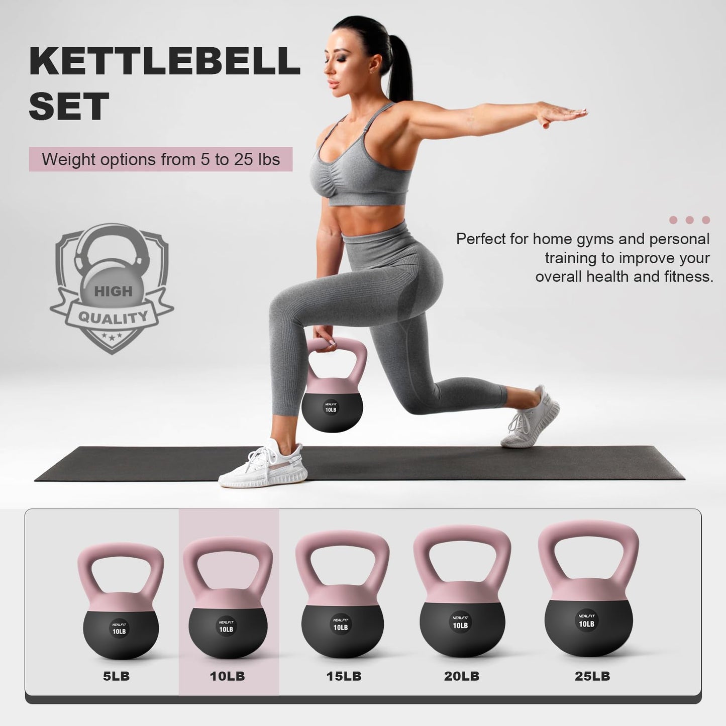 NEALFIT Soft Kettlebell 5LB/10LB/15LB/20LB/25LB, Kettlebells for Home Gym Strength Training, Anti-Slip Fitness Weights for Men Women (10LB Pink-Graphite Black)