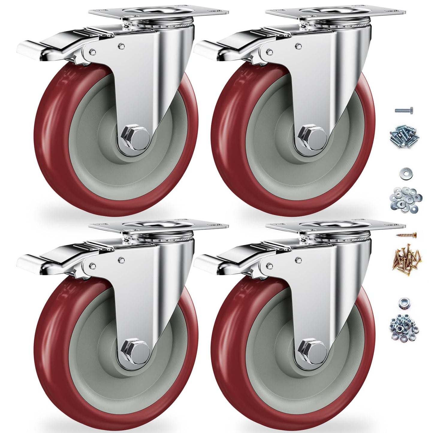 CLOATFET 5 Inch Heavy Duty Casters with Brake - Set of 4, Polyurethane Non-Marking Wheels, Double Ball Bearing Swivel Plate Casters for Workbench, Tool Cabinet, Cart, Kitchen Pantry