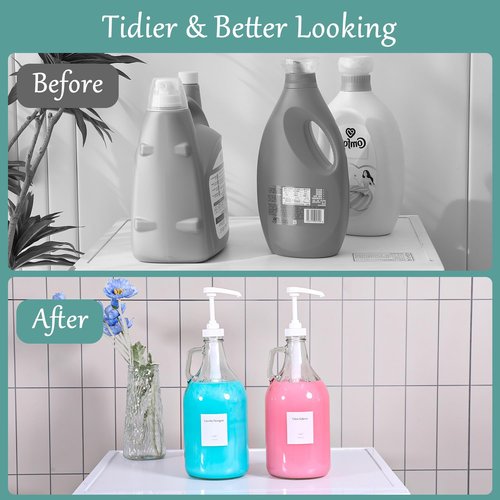 64 OZ Laundry Detergent Dispenser BY VEGEVIGI, Glass Liquid Laundry Soap Dispenser with Pump, Bleach and Fabric Softener Dispenser for Laundry Room, 2P