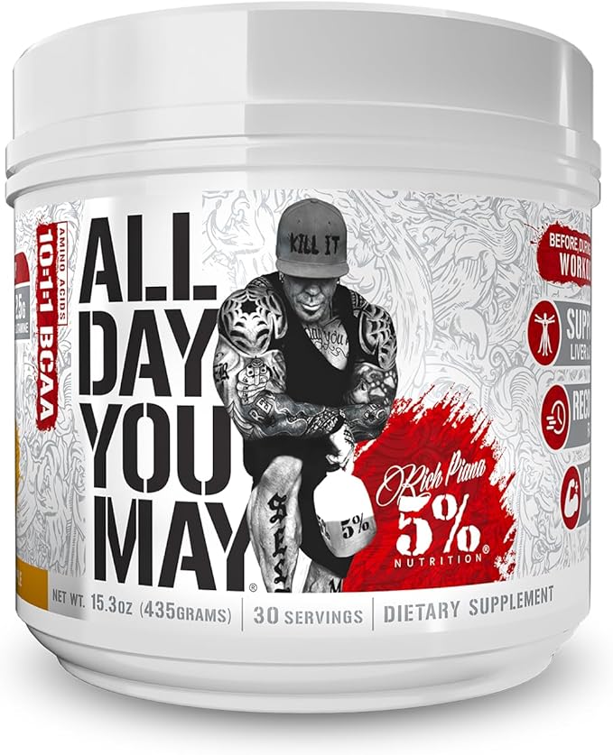 5% Nutrition Rich Piana AllDayYouMay BCAA Powder | Premium Intra & Post Workout Amino Acids, Hydration, Endurance, Muscle Recovery, Joint & Liver Support | 15.3 oz, 30 Servings (Mango Pineapple)