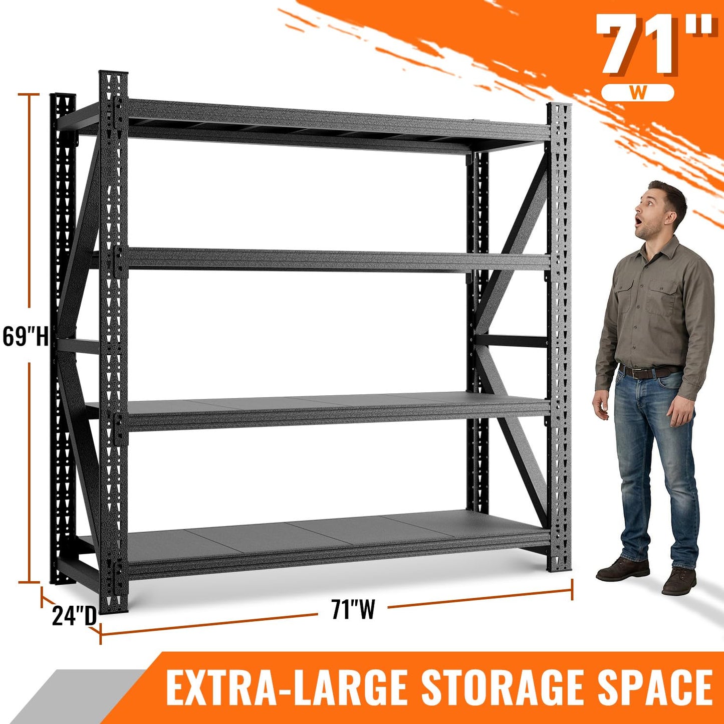 FYYXTEE 5000LBS Garage Shelving, 71" W Heavy Duty Metal Adjustable 4 Tier Storage for Warehouse, Basement, Shop and Office, Commercial-Grade Steel Organizer, 71" W x 24" D x 69" H