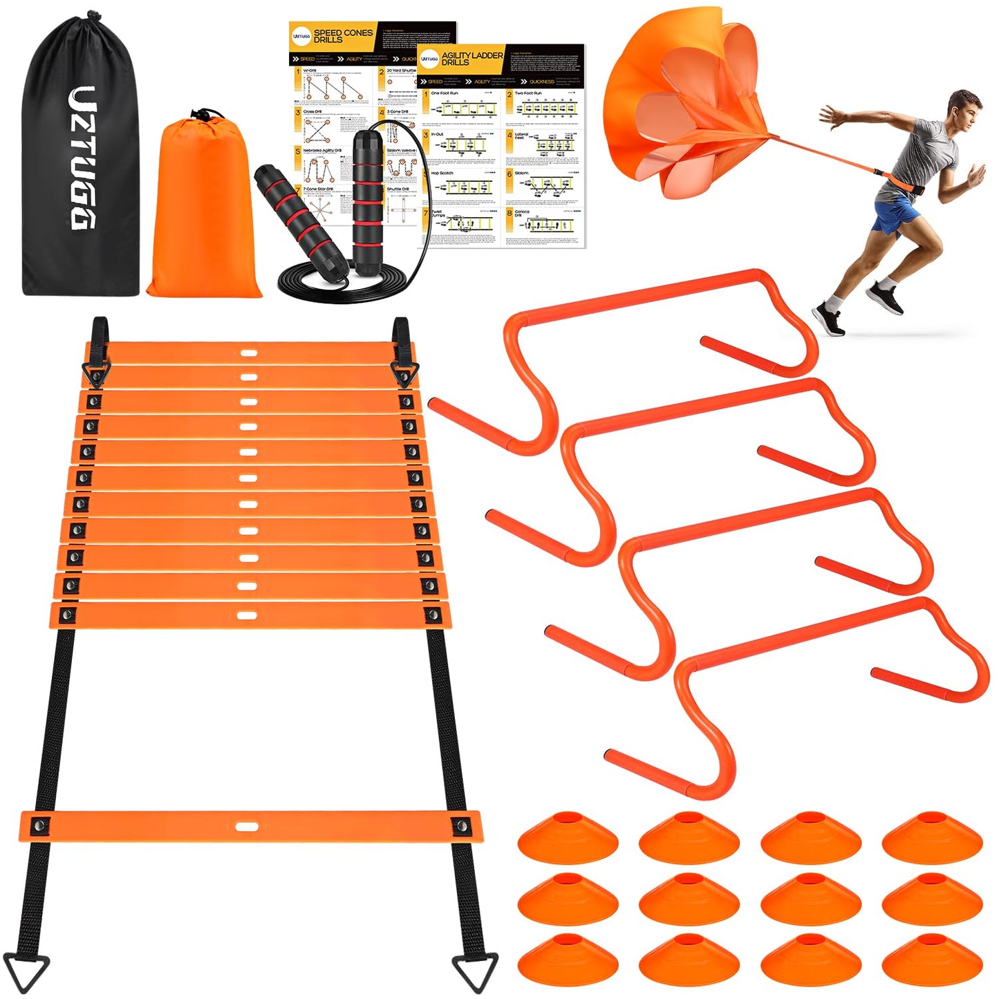 UZTUGG Agility Ladder Speed Training Set - 20ft Agility Ladder with 12 Cones, 4 Hurdles, Jump Rope, Running Parachute & Carry Bag for Soccer, Basketball, Football, Kids & Adults