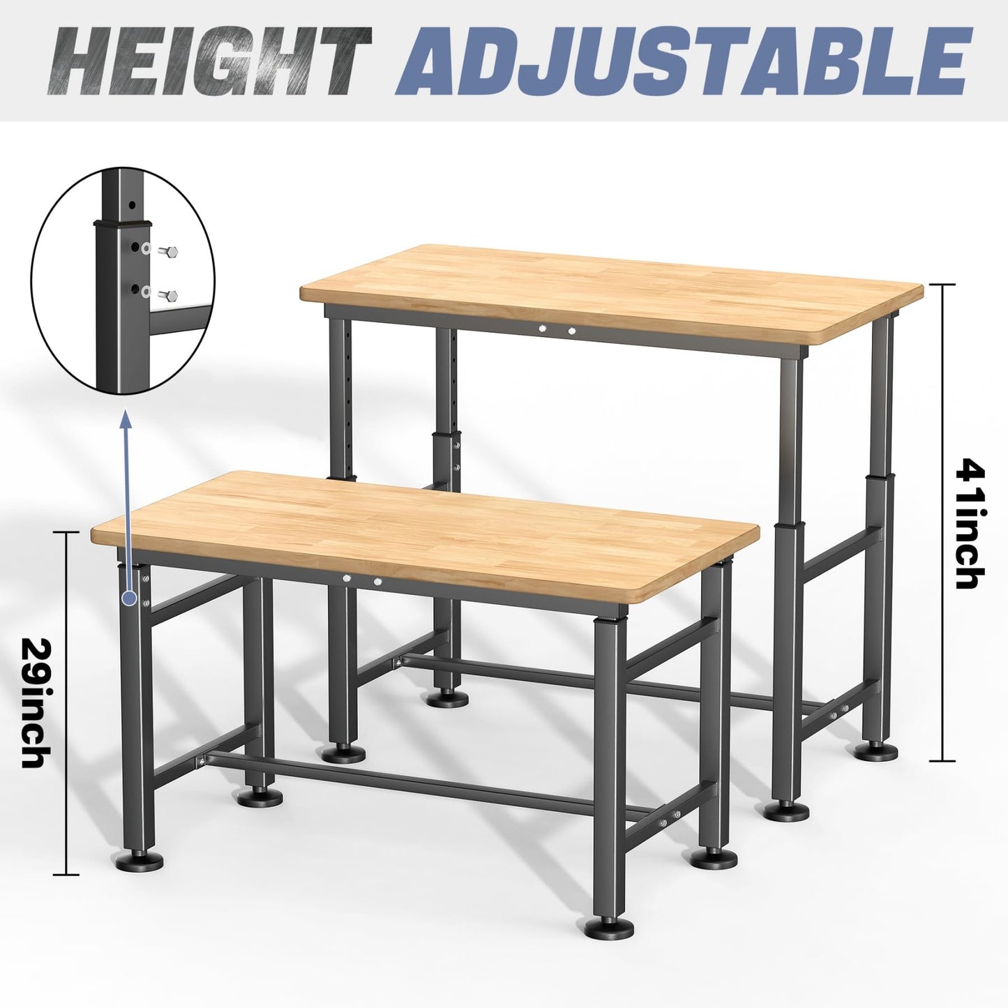 WALMANN Heavy Duty Adjustable Height Workbench 47.75" x 23.25", Rubber Wood Top Work Table for Garage, Workshop, 2000 lbs Load Capacity