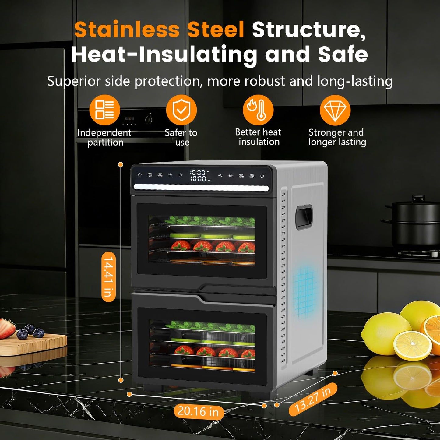 Dual Chamber Food Dehydrator, 12 Stainless Steel Trays, 1100W, Independent Temperature & Time Control for Two Chambers, Flavor Separation Perfect for Jerky, Fruit, Vegetables, Pet Treats