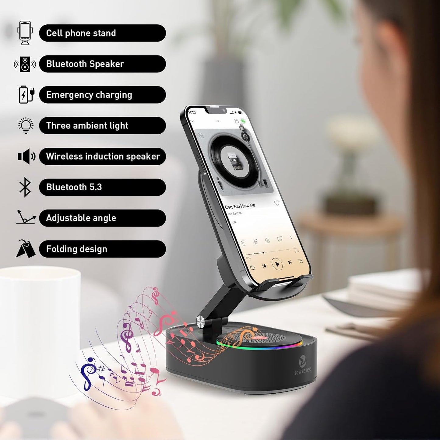 ZOWEETEK Sound,8H 5.3,Anti-Slip Cell Phone Stand with Wireless Bluetooth Speaker,Loud + Playtime,Bluetooth Base,Phone