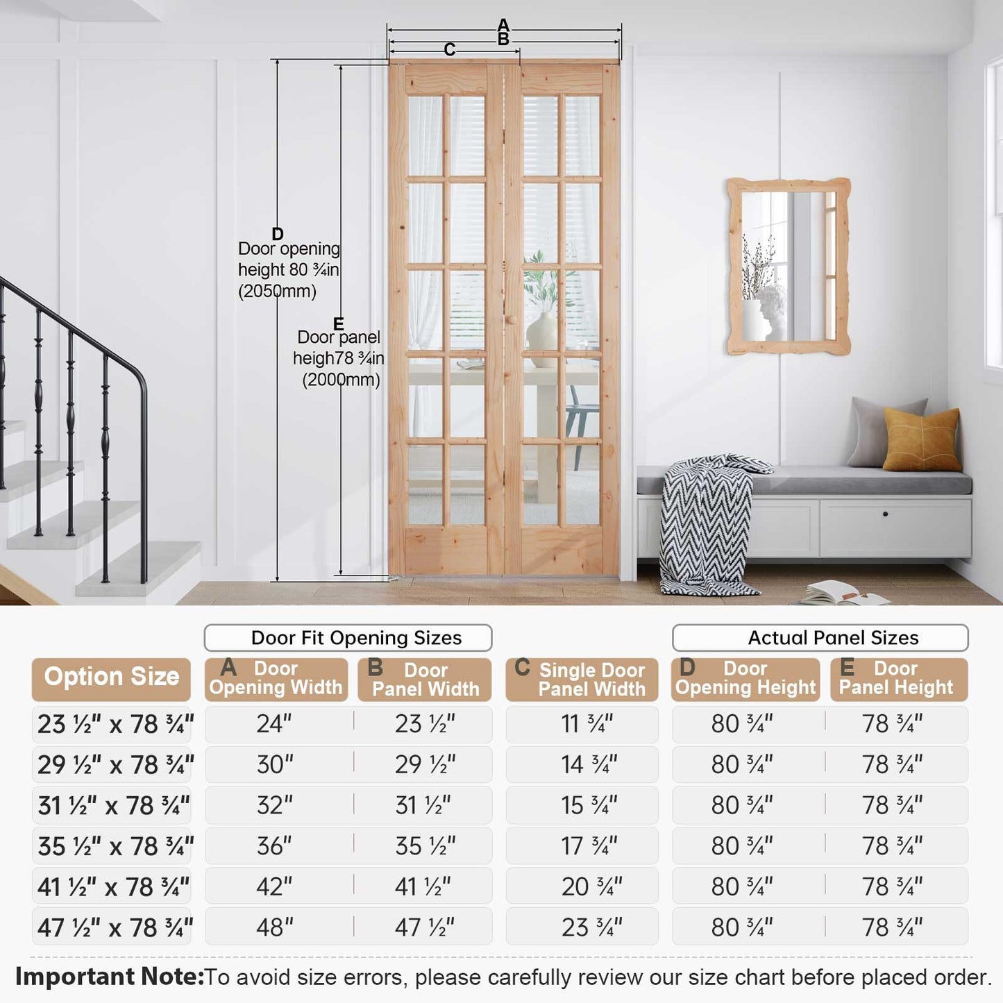 EaseLife Bifold Closet Door,for 36in x 80in (Double 18x80) Opening,French Glass Barn Doors with 3FT Concealed Bi-Fold Sliding Hardware Kit Included,Preassembled Door,Easy Install,DIY staining
