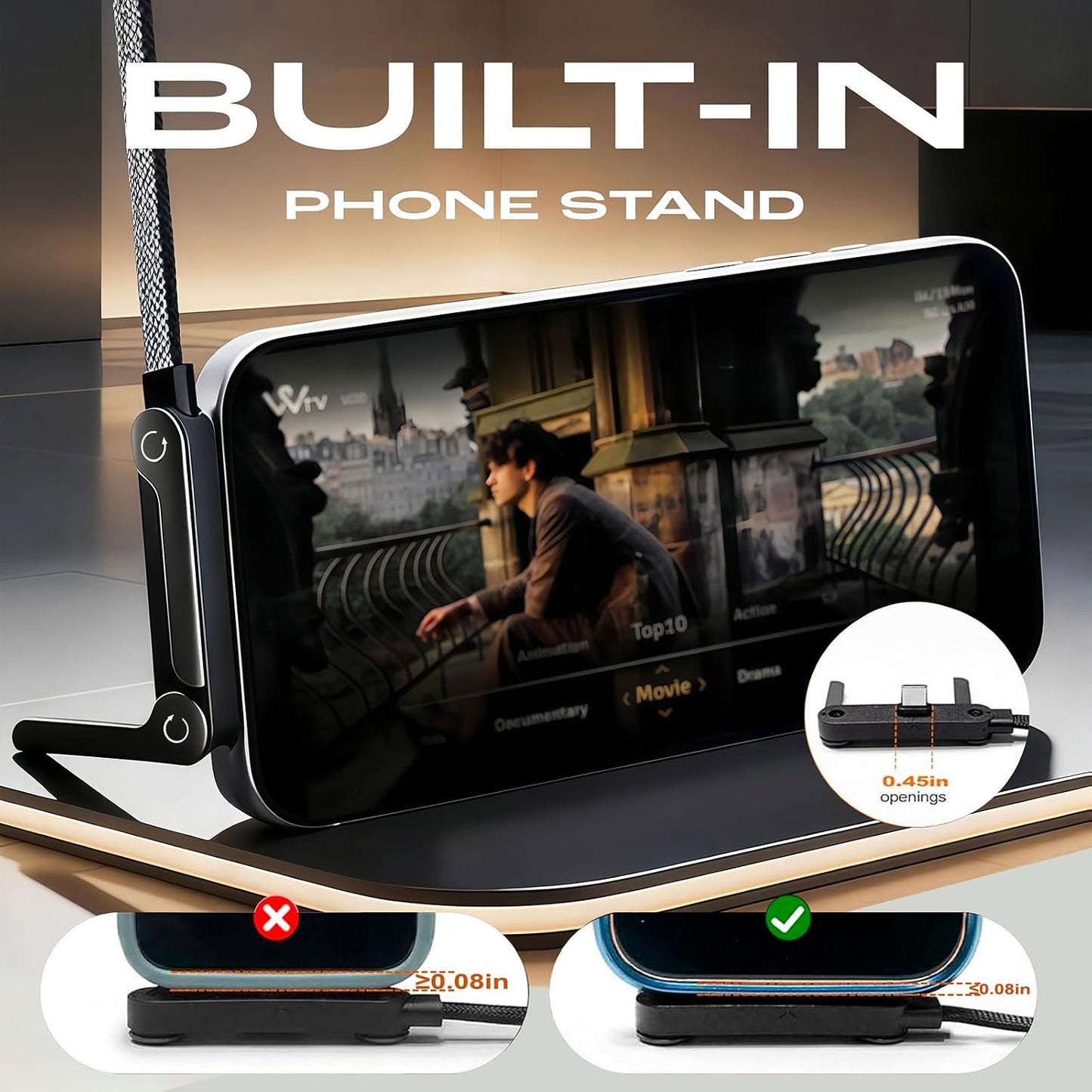 Antusckon 240w 2-in-1 Invisible Holder Charger Cable with Stand, Super Fast Charging Fast Charging Cord & Phone Stand