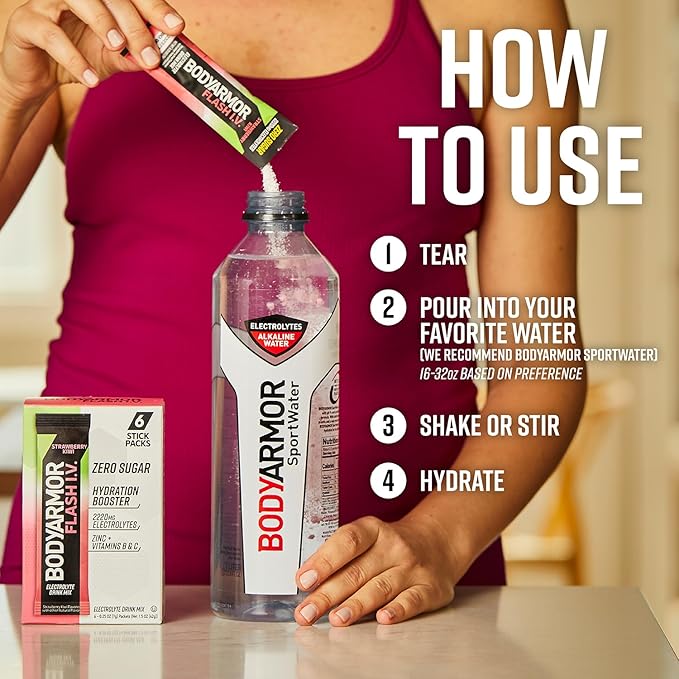 BODYARMOR Flash IV Electrolyte Packets, Strawberry Kiwi, Lemon Lime, & Tropical Punch Variety Pack - Zero Sugar Drink Mix, Single Serve Packs, Coconut Water Powder (15 Count)