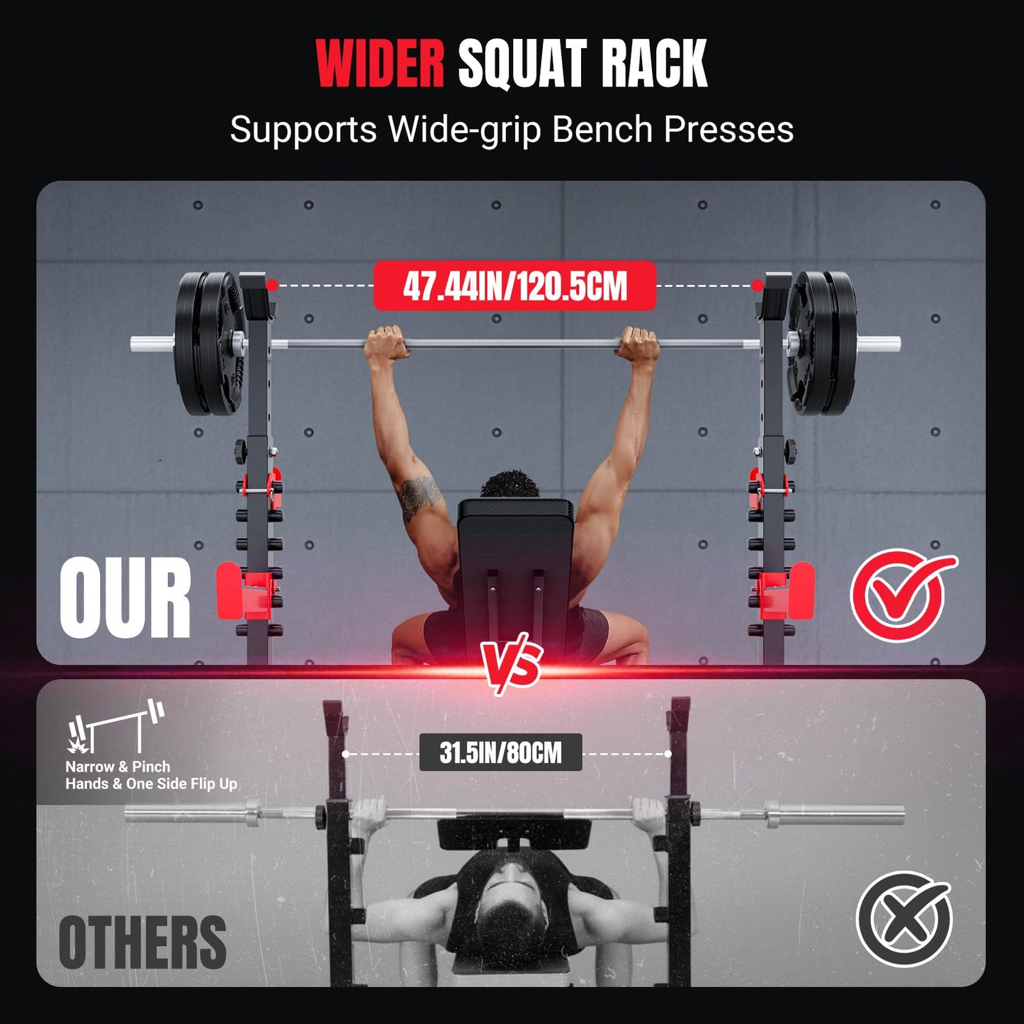 YOLEO 880LBS Weight Bench with Rack - Bench Press Set, Leg Extension, Preacher Curl & Flat/Incline/Decline Full Body Workout Bench, Adjustable Olympic Weight Benches for Home Gym(47.44IN WIDE GRIP) (1*Dumbbell+47.44“ Wide Grip)