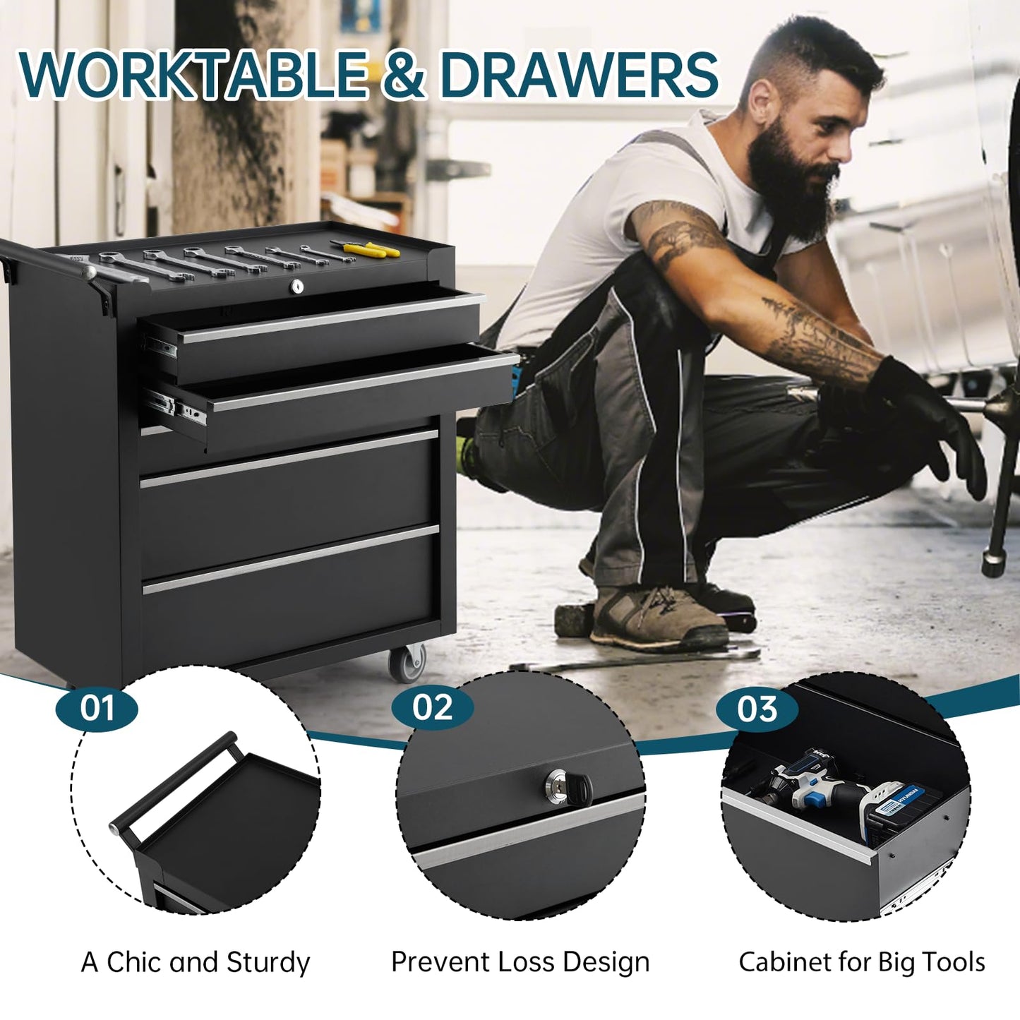 GarveeLife 5-Drawer Tool Box 24" Garage Tool Box with Key Lock and Removable Drawer Liners, Wheeled Design, Suitable for Garages, Warehouses, Workshops, and Repair Shops - Black
