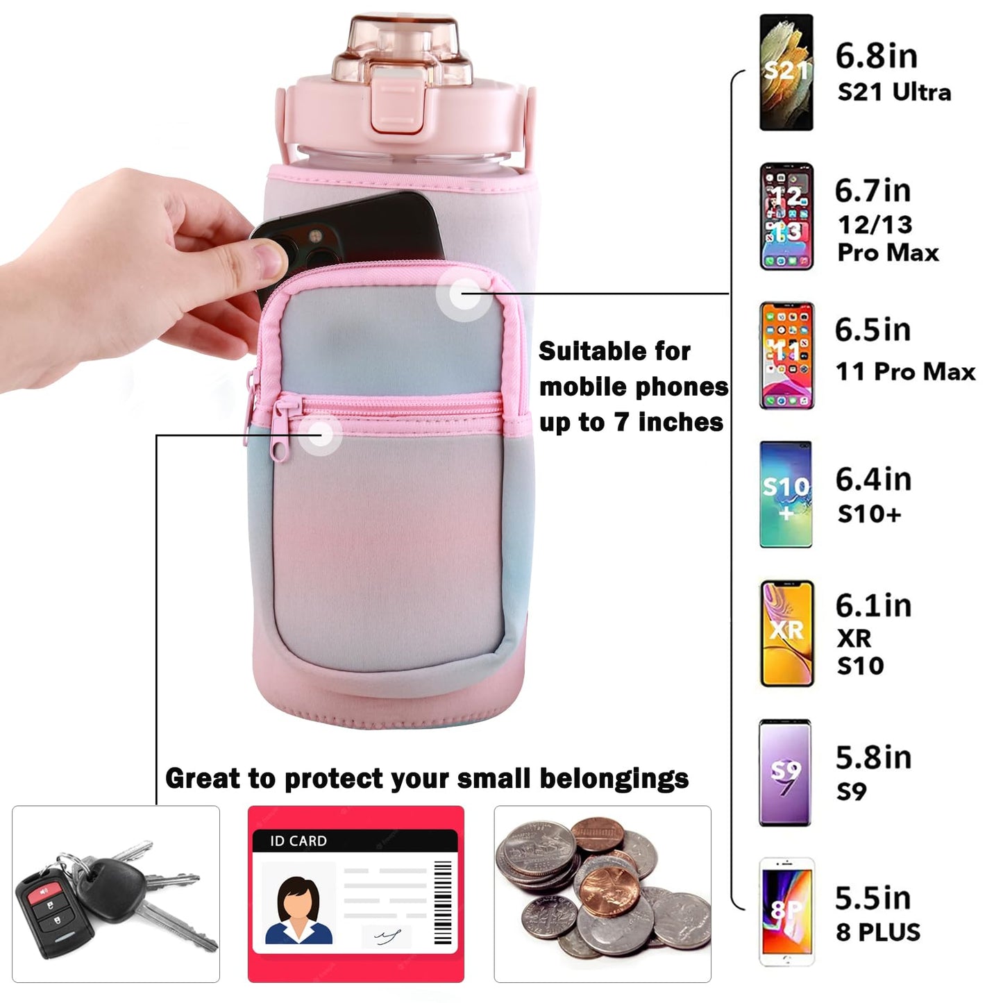 Half Gallon Water Bottle with Sleeve & Strap 64 OZ Motivational Water Bottles with Straw Large Wide Mouth Water Jug with Time Marker for Fitness, Gym and Outdoor Sports, Leak-proof & BPA Free,