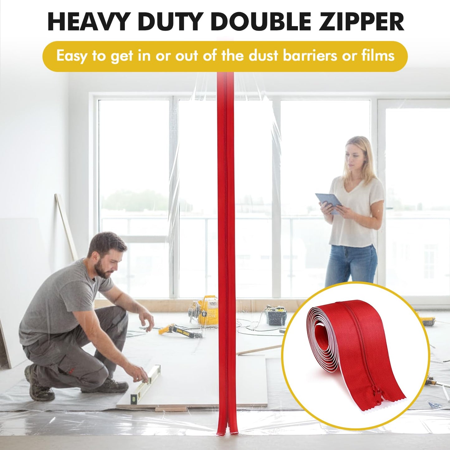 4PK Dust Barrier Poles,10FT Dust Barrier Poles Kit,Adjustable Dust Containment Pole with 2 Heavy-Duty Zippers Spring Retractable Wall Poles for Renovation & Construction Renovation-Yellow
