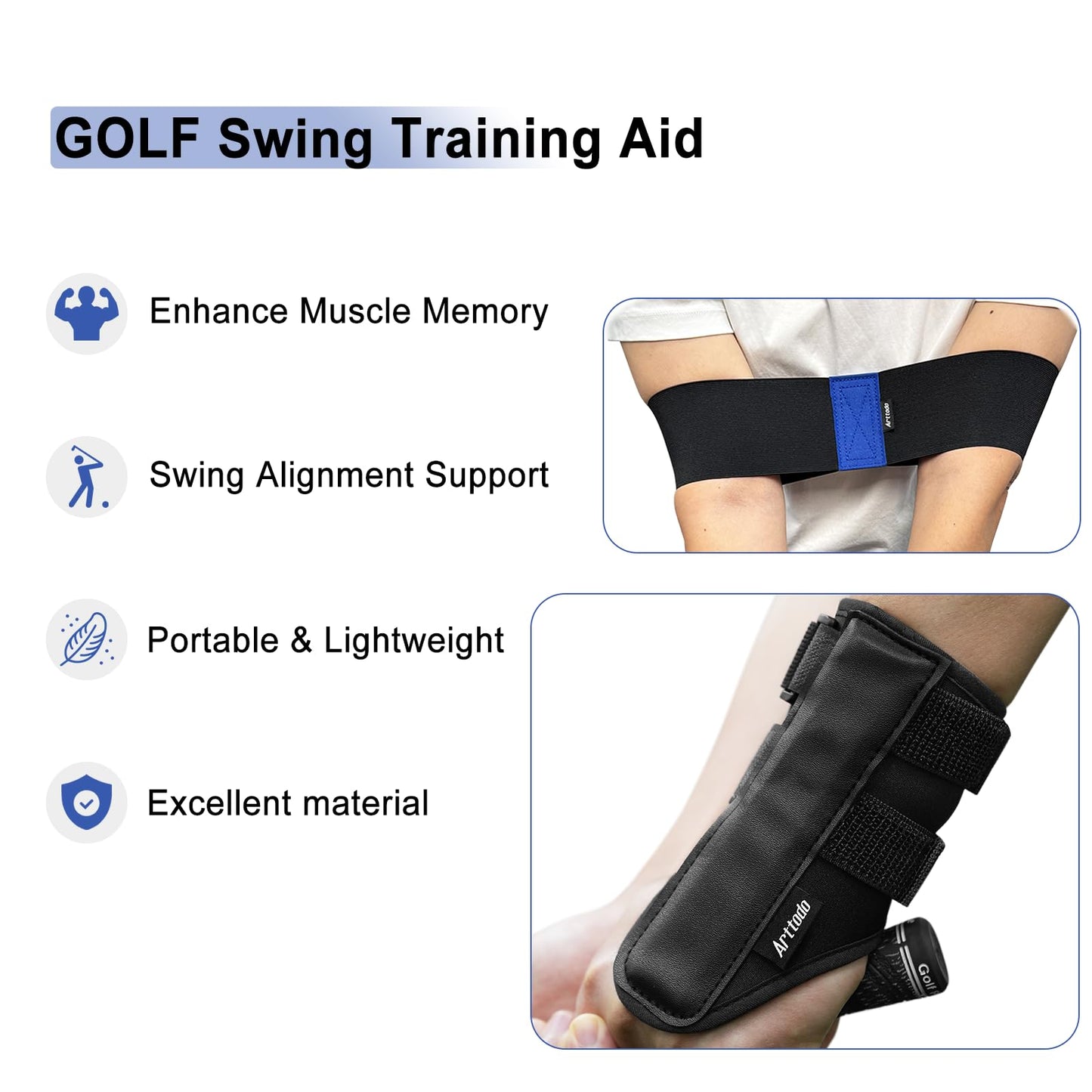 Arttodo Golf Training Kit with Arm Band & Wrist Strap, Golf Swing Training Aid to Correct Wrist Angle and Develop Muscle Memory for Beginner Golfers