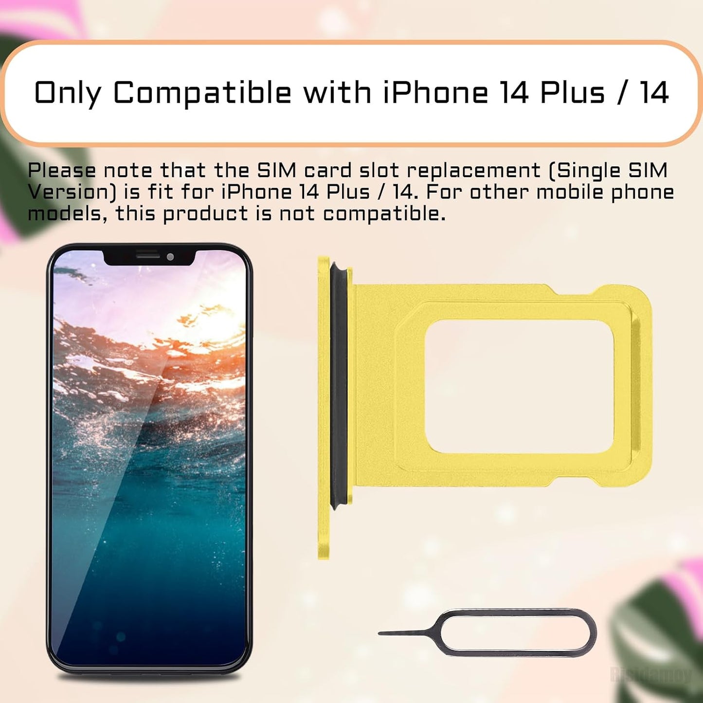14 14 SIM Card Tray Holder Slot Replacement for iPhone (Yellow) with Waterproof Rubber Seal Ring and Removal Tool Open