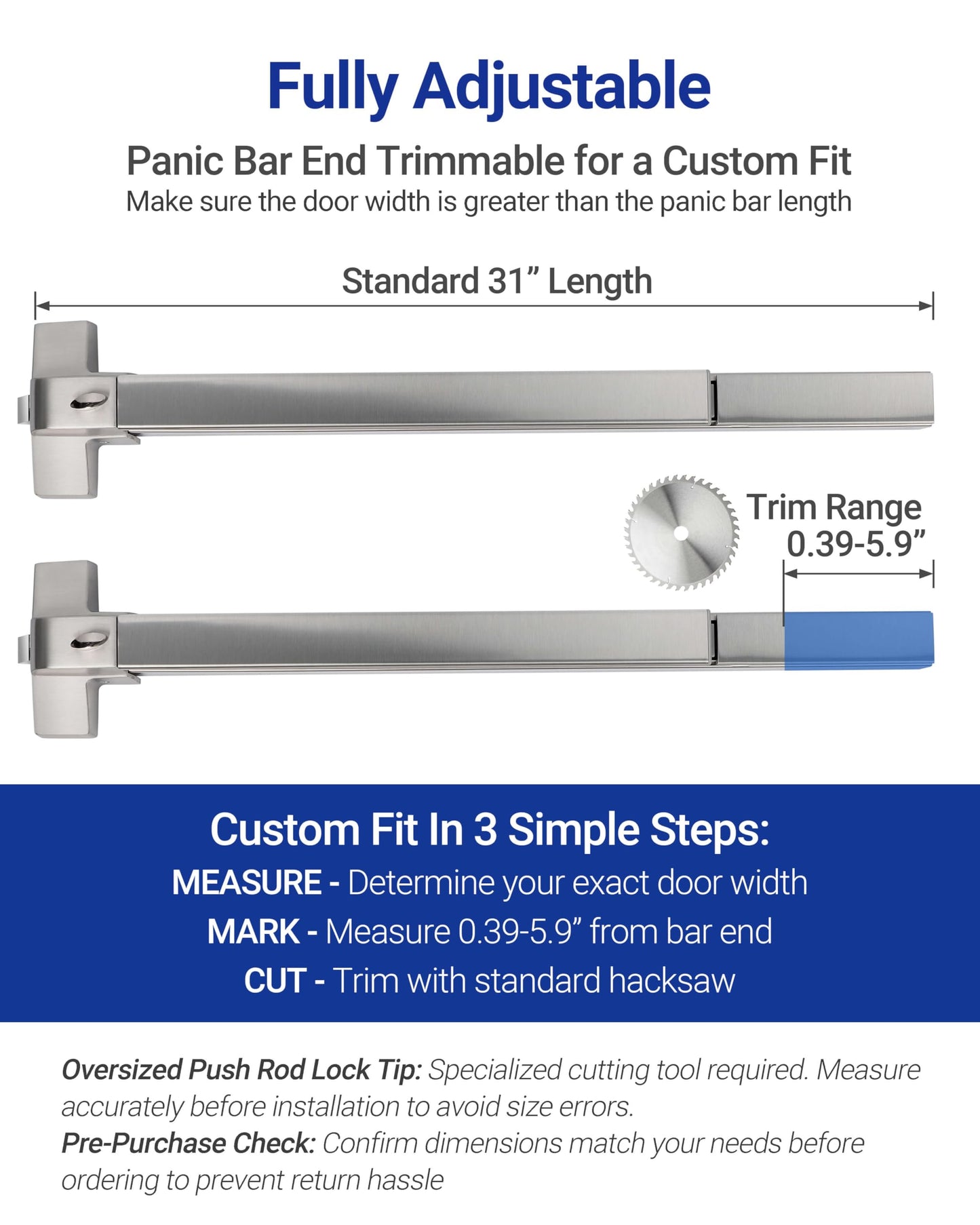 Polar Tangro 31" Commercial Door Push Bar with All 304 Stainless Steel Tail Cover, Grade 1 Panic Exit Device with Exterior Lever Handle & 6 Keys, Heavy Duty Emergency Hardware for Metal/Wood Doors