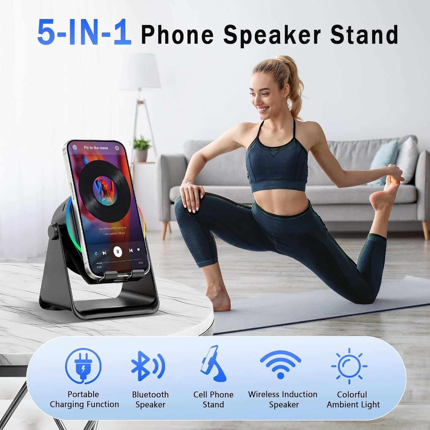 TEFELE 5-in-1 360 Wireless Induction Speaker, Bluetooth Speaker with Phone Holder, Rotation & RGB Lights, HD Stereo