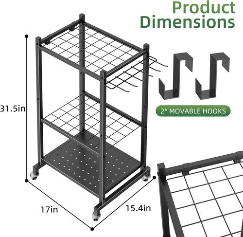 LAKEMID Garden Tool Organizer Stand - Mobile Tool Rack with 2 Hooks for Up to 42 Tools | Perfect for Garage & Outdoor Use