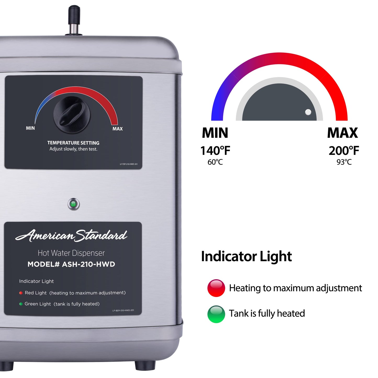 American Standard ASH-210 Hot Water Dispenser, Includes Polished Chrome Single Handle Faucet 1300 Watts, 110v