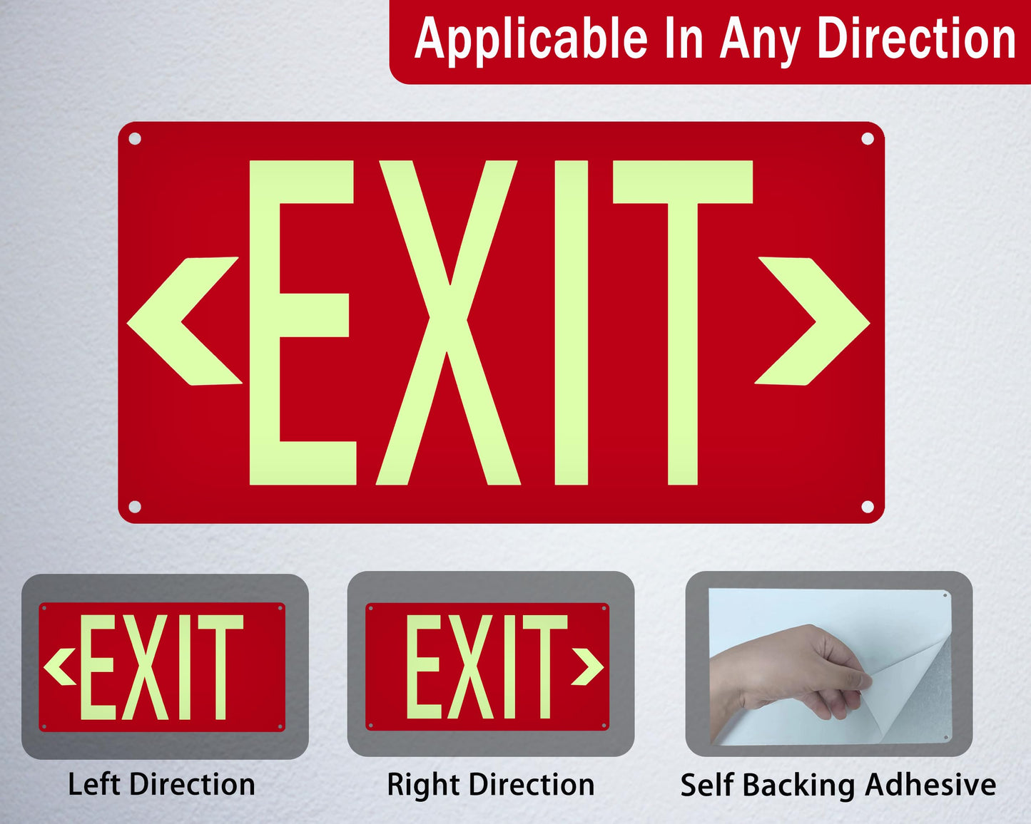 (2 Pack) Photoluminescent Exit Sign Red - with Removable Directional Arrows, With strong self adhesive tape, 14.25 x 7.5 Inches Heavy Duty Aluminum Signs, Fade Resistant, water proof/weather proof