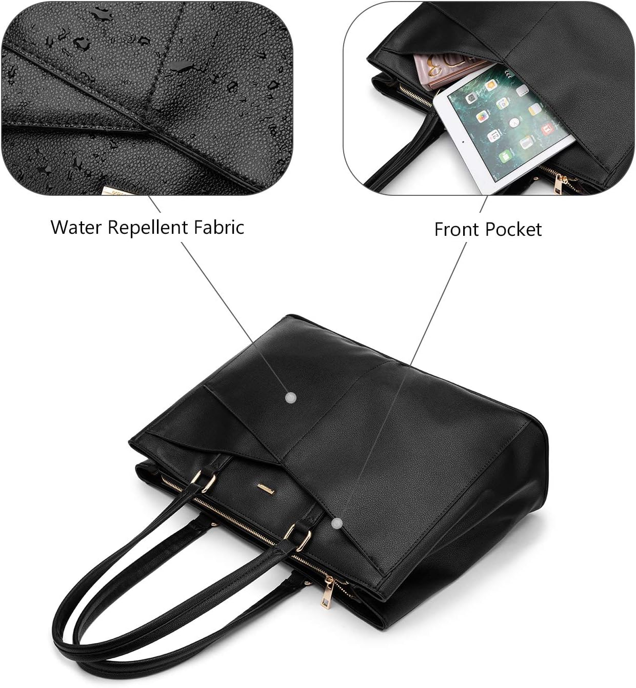 LOVEVOOK 15.6 Inch Laptop Tote Bag for Women Waterproof Leather Computer Bags Business Office Work Briefcase Black