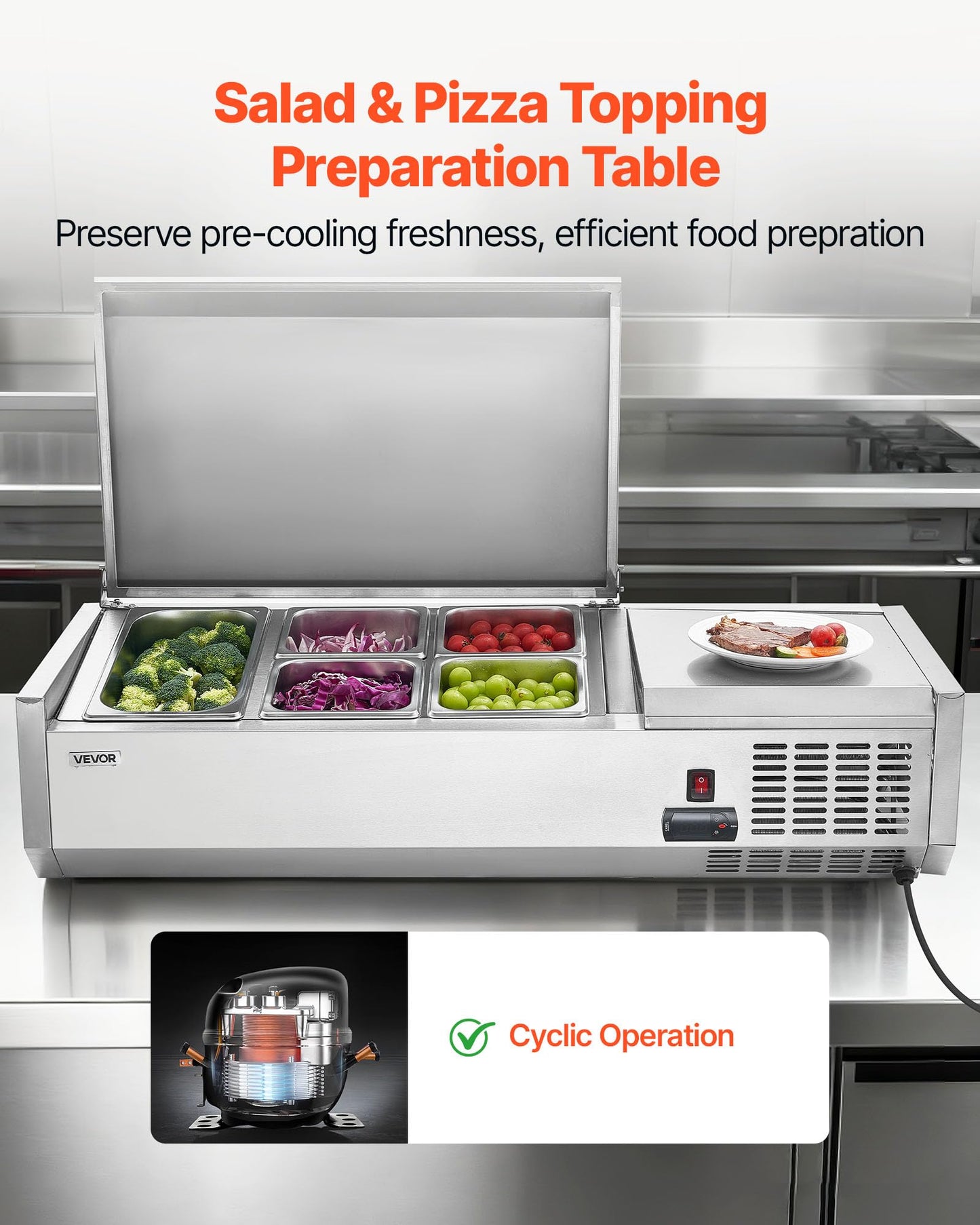 VEVOR Refrigerated Condiment Prep Station, 120 W Countertop Refrigerated Condiment Station, with One 1/3 Pan & Four 1/6 Pans, 304 Stainless Body and PC Lid, Sandwich Prep Table with Stainless Guard