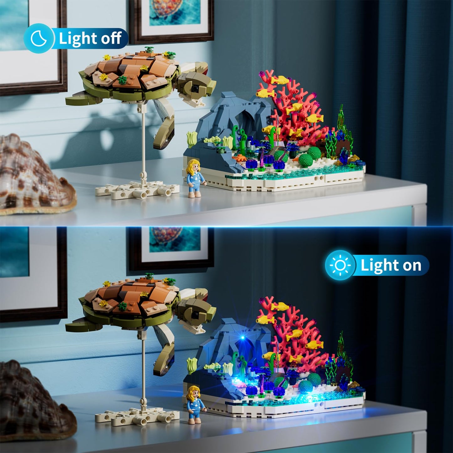 FUNWHOLE Turtle Reef Dream Lighting Building-Bricks Set - 835 Pcs Ocean Plants Collection Ideas Set for Adult and Teens