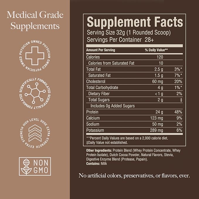 High Level Whey Protein Powder Stevia Sweetened, Natural Chocolate Shake, 24g Protein, Ultra Filtered Non-GMO, Digestive Enzymes, Gluten Free, ?‹白ç²? 2 lb, Whey Protein with Stevia