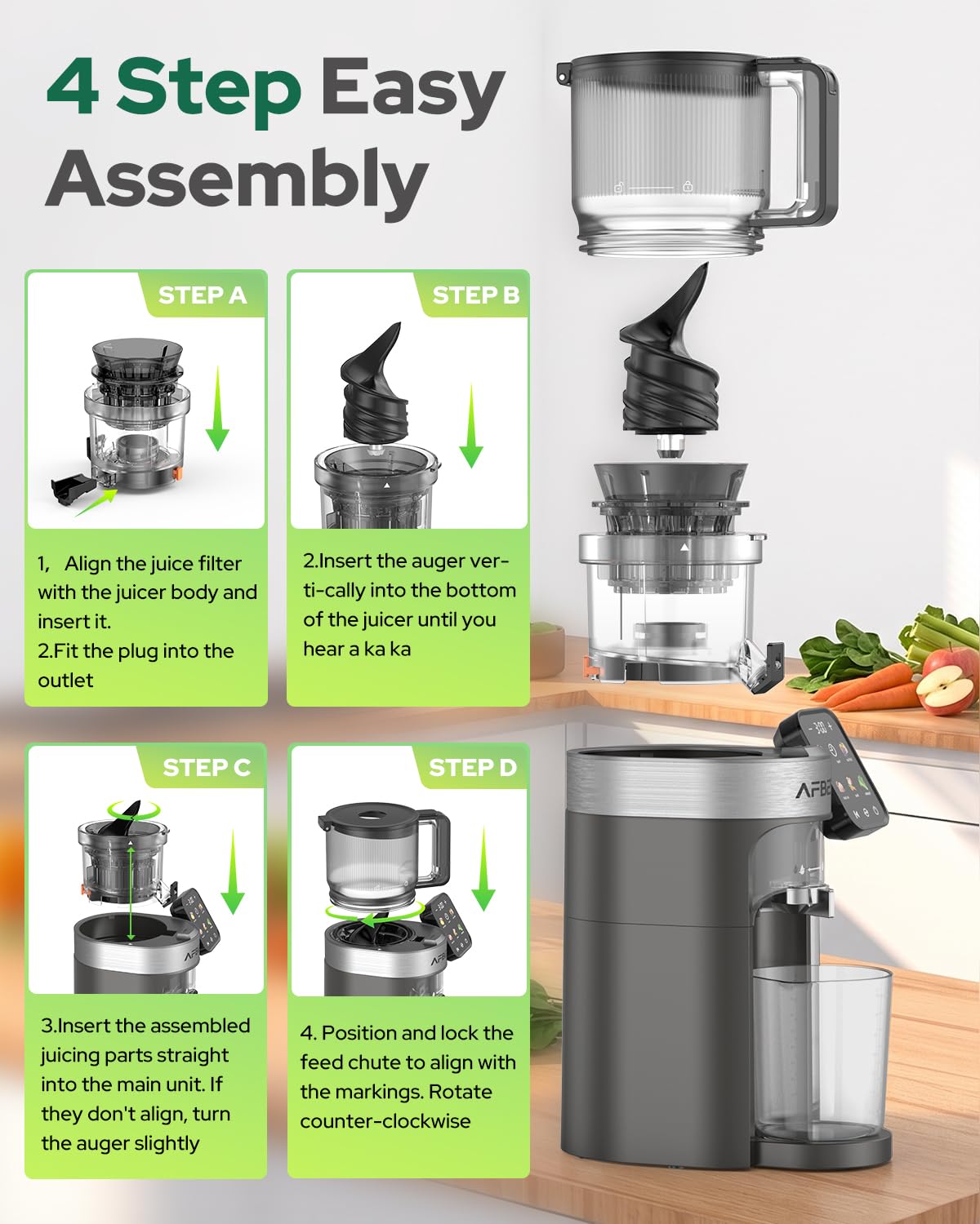 AFBEST 2026 Upgraded Cold Press Juicer Machine, 6.5" Extra Wide Chute Masticating Juicer with 100oz Self-Feeding Hopper,3-in-1 Smart Touch Slow Juicer for Sorbet & Nut Milk, High Yield, Easy Clean