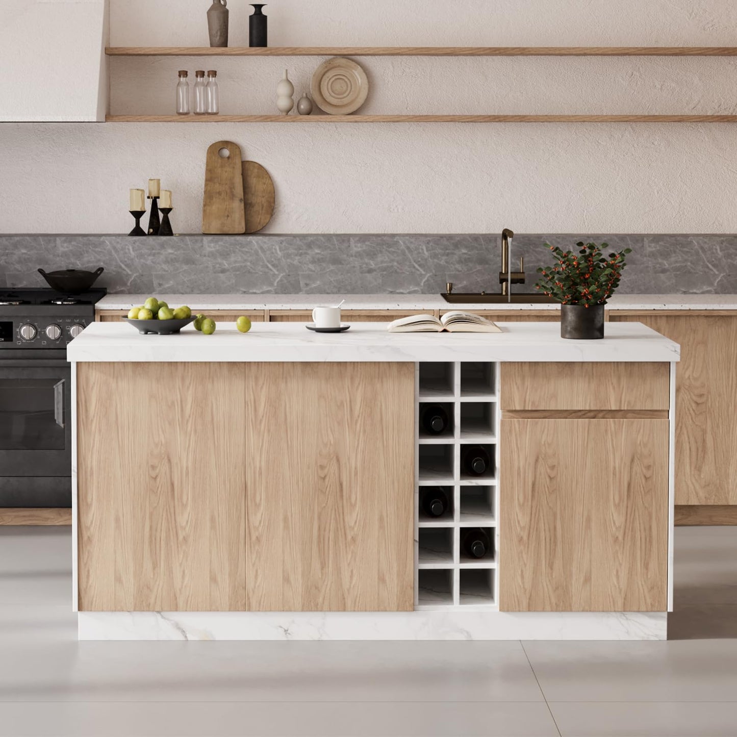 homary Kitchen Island with Storage & LED, 72" White Wood Islands with Wine Rack, Drawers & Shelves, Modern Kitchen Table for Dining Room, Prep & Gatherings, Without Chair