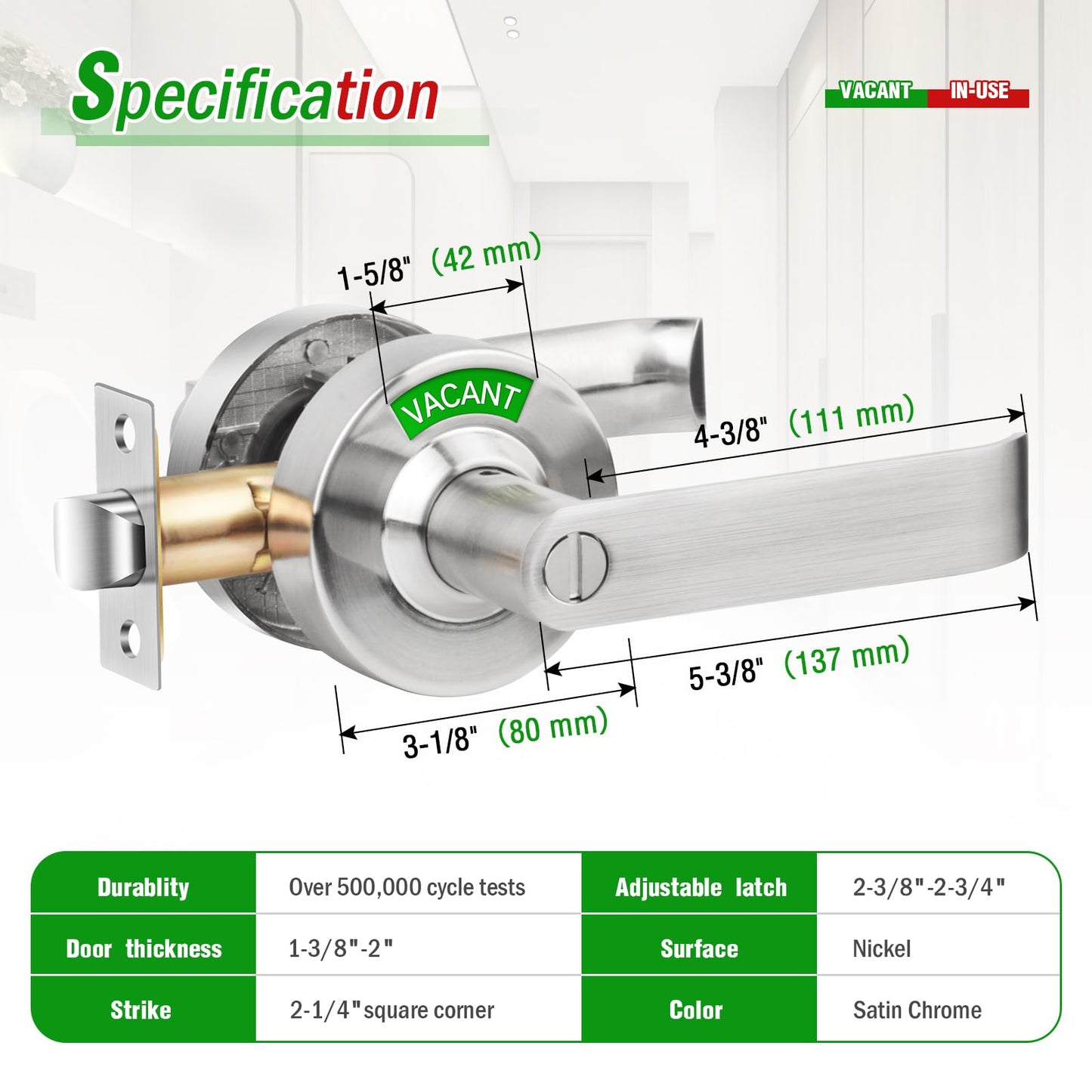 Feeloco Vacant Occupied Bathroom Door Lock - Stainless Steel Privacy Door Handle with Indicator Sign, Fits 1-3/8" to 2" Door, ANSI Grade2 Commercial Door Locks for Restroom Stall, Office, Gym (Silver)