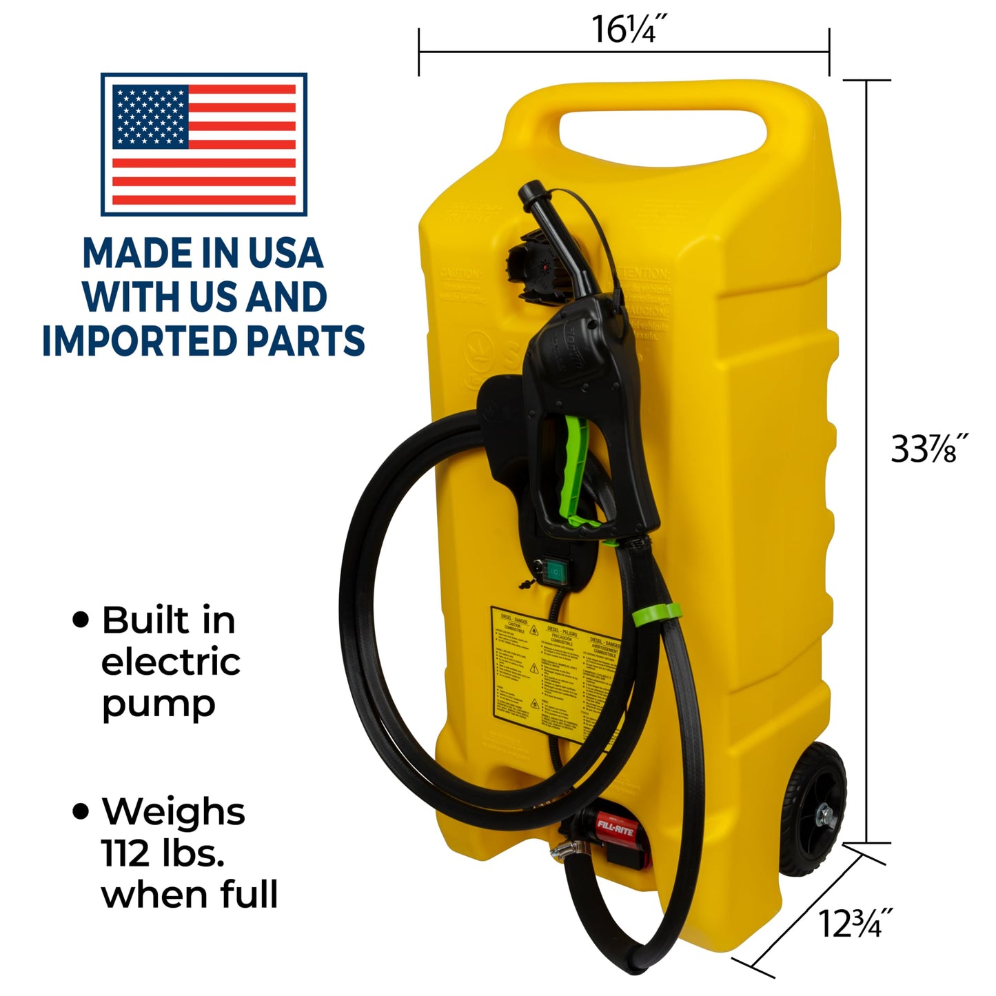 Scepter 14 Gallon Gas Caddy with Electric Fuel Pump, Flo ‘N Go Powered Portable Fuel Tank with Fill-Rite Transfer Pump and 10-Foot Hose for Farm, Marine, Commercial, and Home Use, Yellow